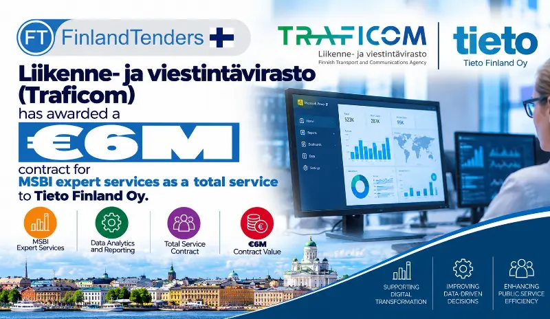 Liikenne- ja viestintävirasto (Traficom) has awarded a €6M contract for MSBI expert services as a total service to Tieto Finland Oy.