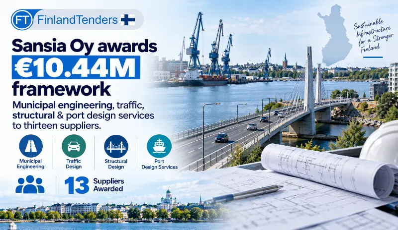 Sansia Oy has awarded a €10.44M framework for municipal engineering, traffic, structural and port design services to thirteen suppliers.